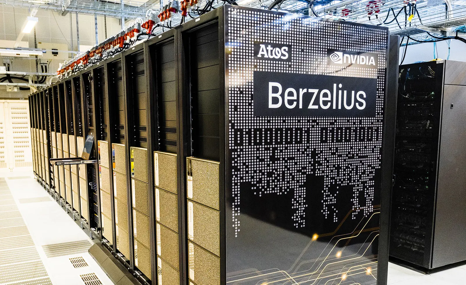 NVIDIA-branded Berzelius AI supercomputer cabinets in a research computing facility