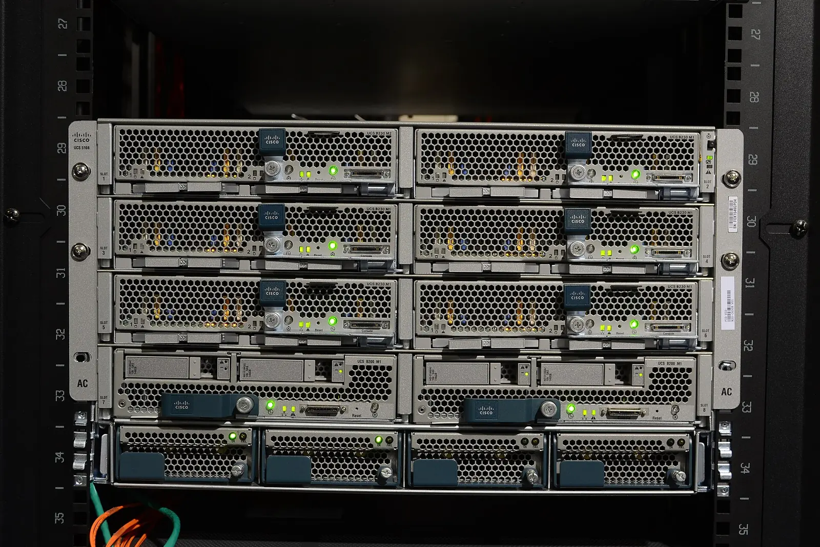 Cisco UCS chassis populated with rack-mounted blade server nodes