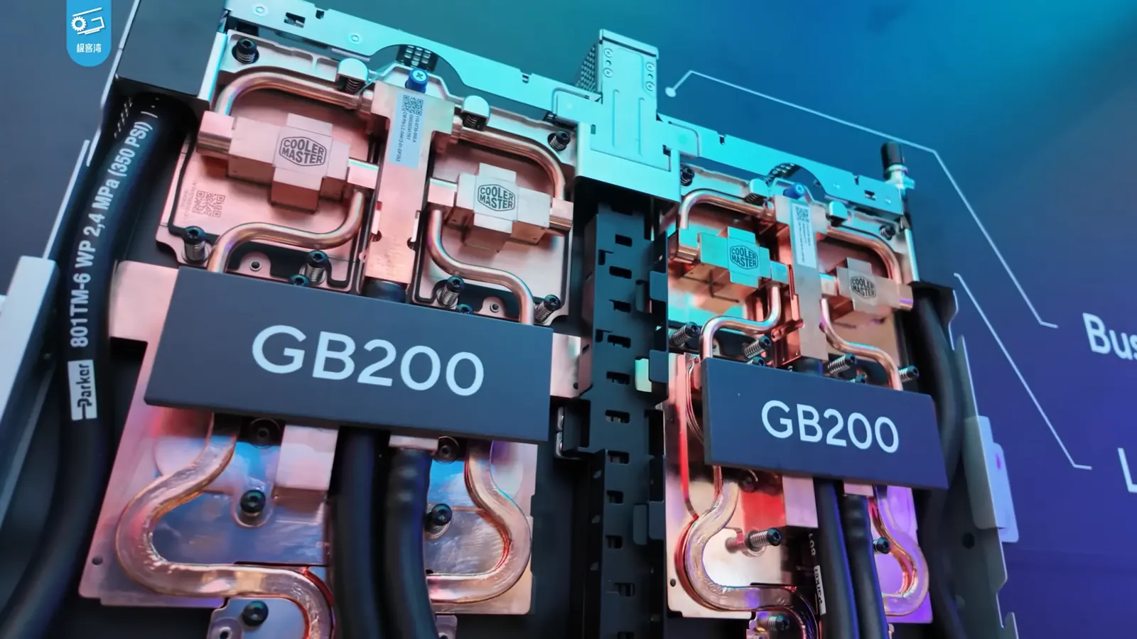 NVIDIA GB200 compute boards with copper liquid-cooling plates on display at COMPUTEX