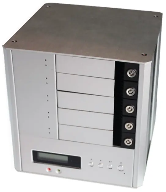 Metal network-attached storage enclosure with a vertical array of removable drive bays