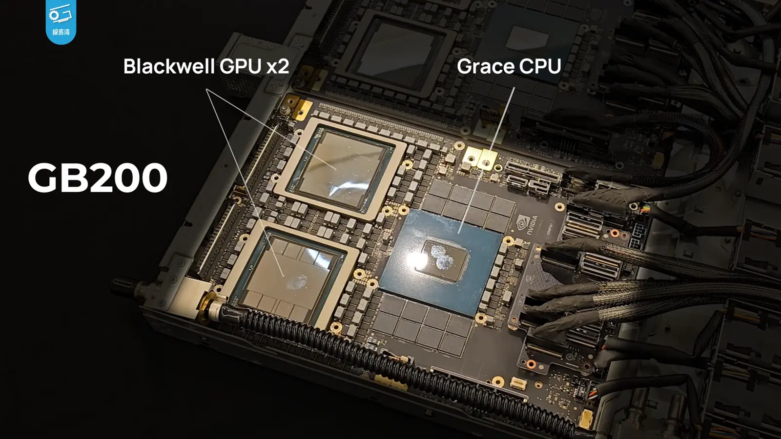 NVIDIA GB200 board showing two Blackwell GPUs, a Grace CPU and cooling connections