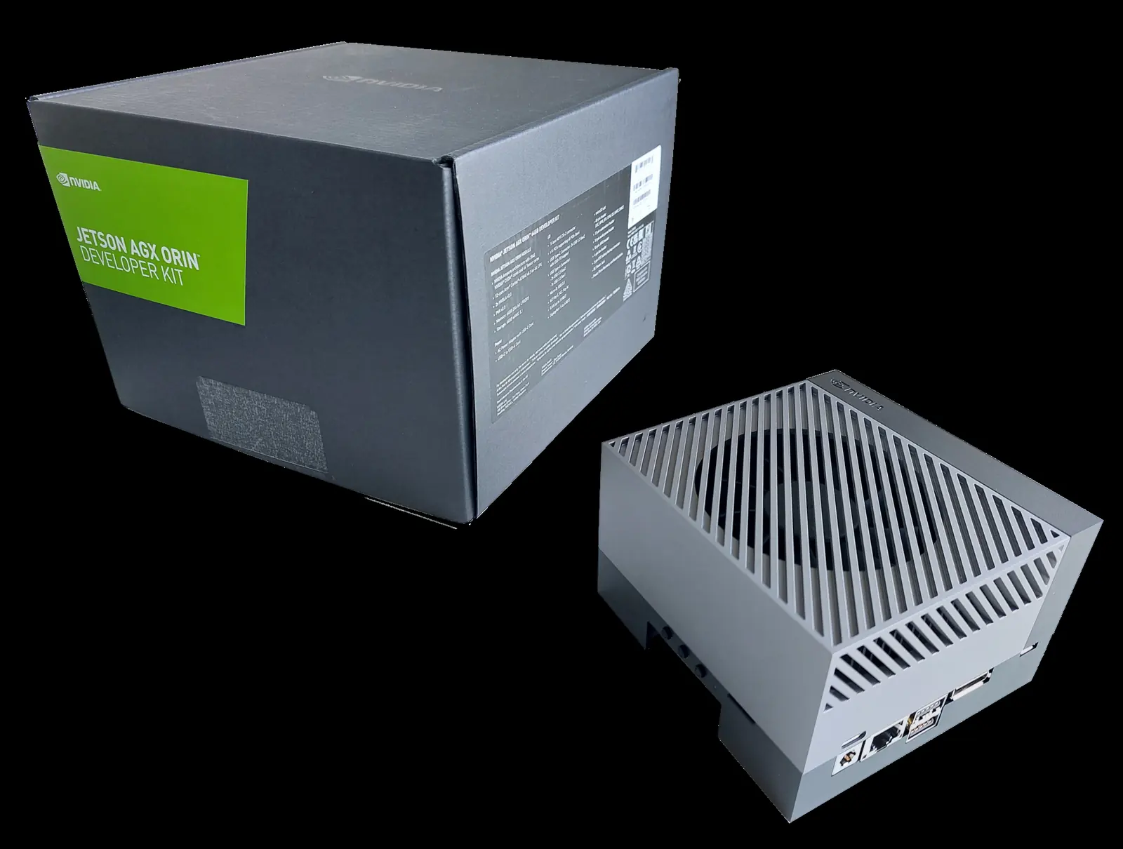 NVIDIA Jetson AGX Orin developer kit beside its NVIDIA packaging