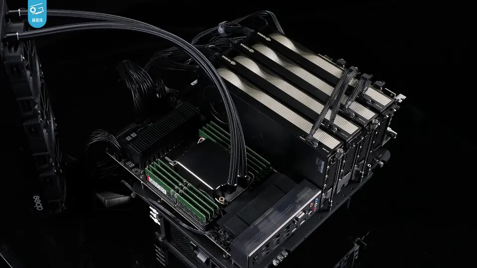 Four NVIDIA RTX 6000 Ada graphics cards connected in an open multi-GPU computer