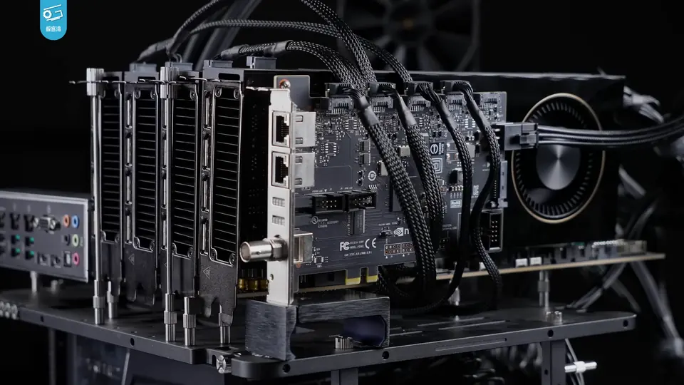 Open computer test system with four NVIDIA RTX 6000 Ada GPUs and connected power cables