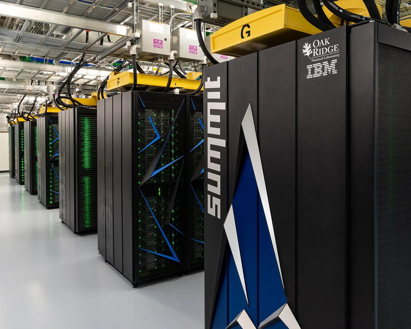 Summit supercomputer racks arranged in rows at Oak Ridge National Laboratory