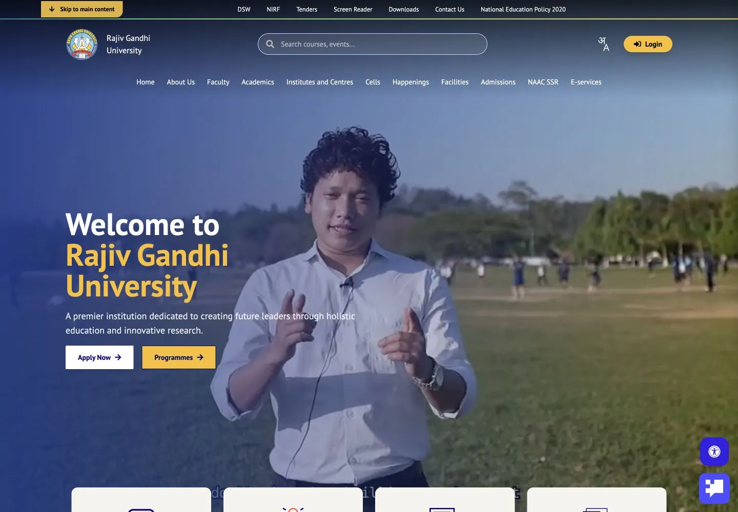 Rajiv Gandhi University homepage with navigation, campus hero and programme links
