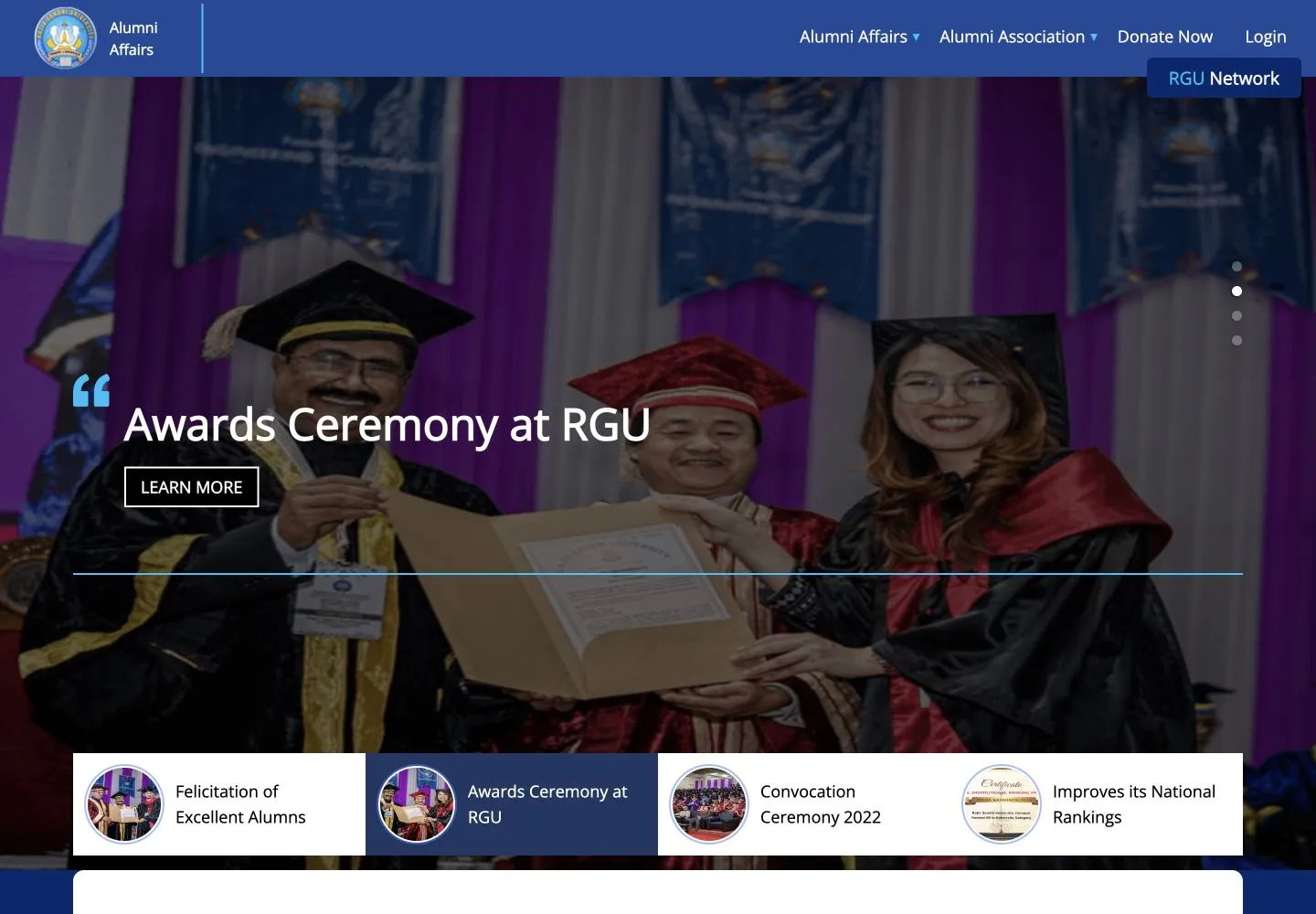 RGU Alumni Affairs homepage showing the alumni association and university community