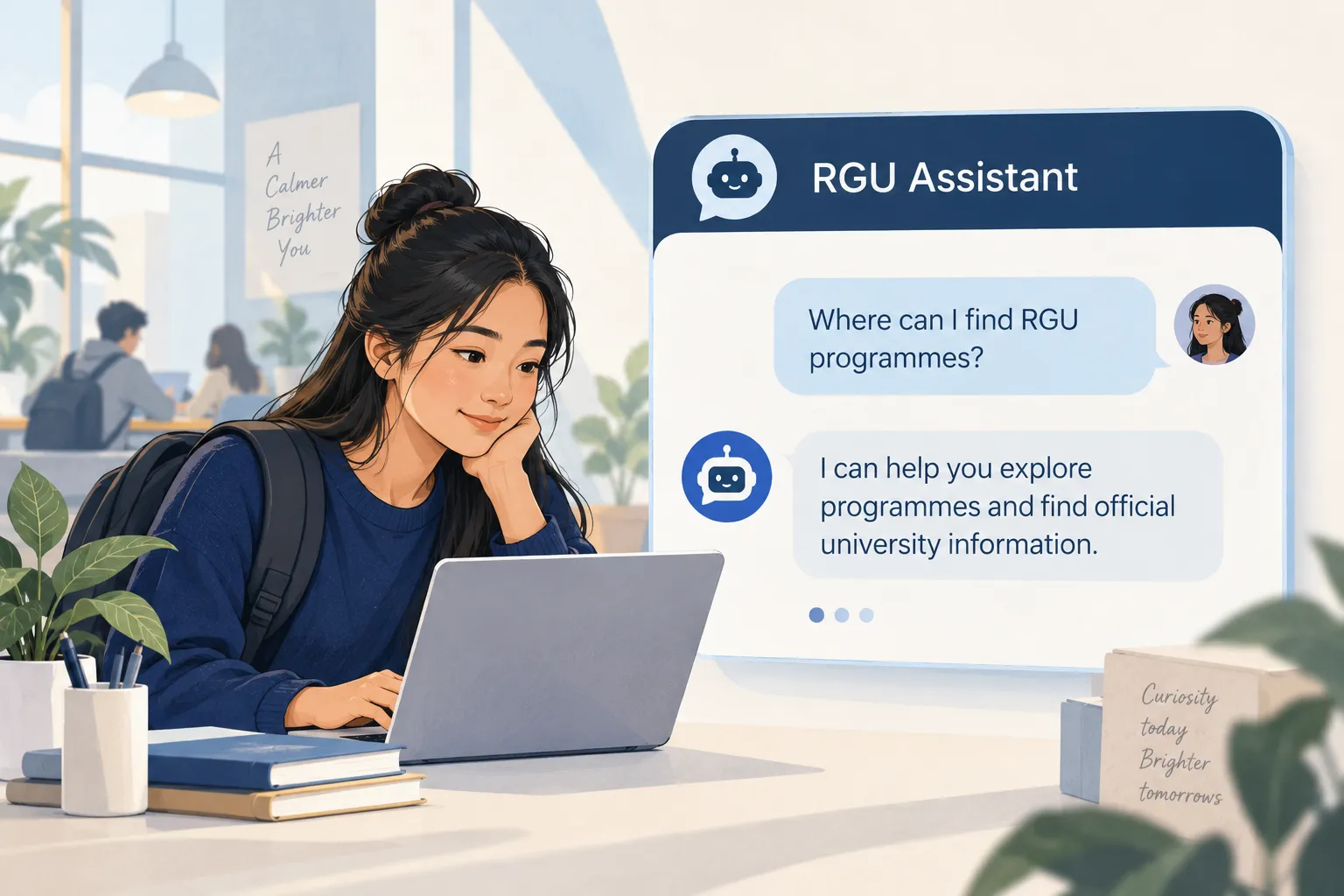 Illustration of a student asking the RGU assistant where to find university programmes