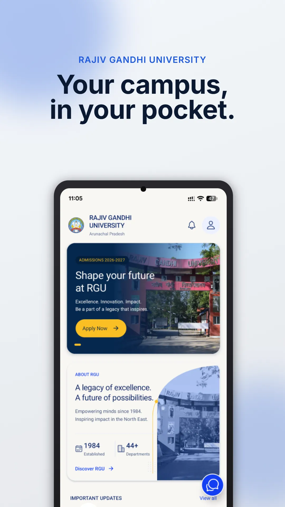 Official RGU mobile app preview showing the university homepage