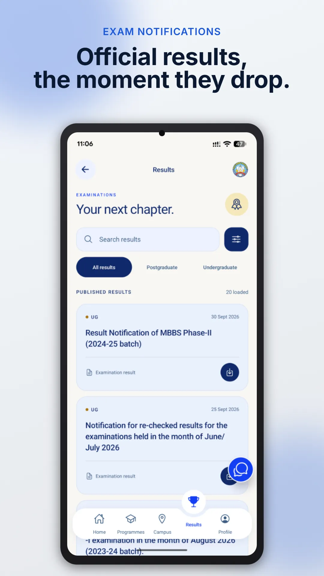 Official RGU mobile app preview showing published examination results